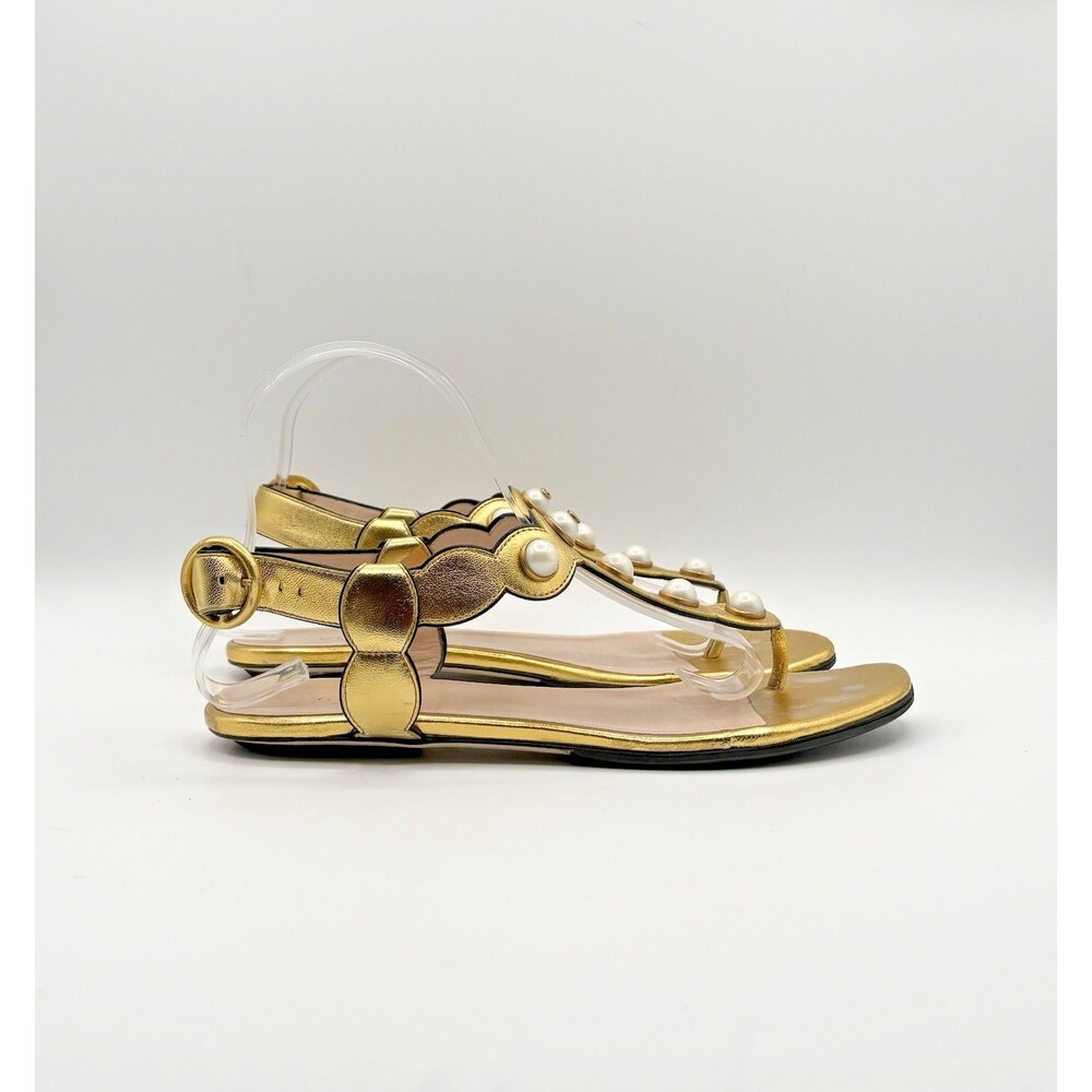 Gucci Gold Leather Pearl Embellished Willow T Strap Flat Sandals Size EU 38